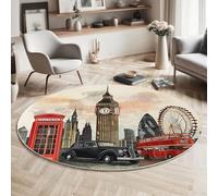Vintage Architettura Tappeto Rotondo Rosso Grigio Tappeti, 120cm Antiscivolo Lavabile in Lavatrice Big Ben Autobus Due Piani Tondo Tapette, Salotto Camera da Letto Scendiletto Ufficio Tappeto