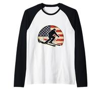 Vintage Bandiera Americana Sciatore Silhouette Retro Sci Sci USA Maglia con Maniche Raglan