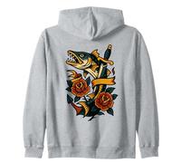 Vintage Barracuda Tattoo Style Art con Rose e Ancora Felpa con Cappuccio