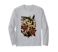Vintage Barracuda Tattoo Style Art con Rose e Ancora Maglia a Manica