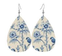 Vintage Blue And White Botanical Birds & Flowers Design Orecchini In Pelle Moda Orecchini Penzolare Pendenti Per Cosplay Carnevale