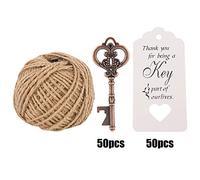 Vintage Bottle Opener with Present Tag & Twine | Rustic Zinc Alloy Key Design for Wedding Favors/Party Decorations | Reusable Bottle Opener for Guests Presents, 20/50 Pcs (50Pcs+tag+hemp rope)