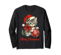 Vintage Cat Christmas Santa Hat Retro Kitten Art Cat Lover Maglia a Manica