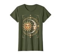 Vintage Celestial Sun Moon Spiritual Harmony Maglietta, Donna, Oliva, M