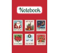 Vintage Christmas Postage Stamp Illustration Notebook Red Cover: Retro Holiday Stamps with Santa, Fireplace, Reindeer and Festive Gifts