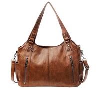 Vintage City Bag, Soft PU Leather Zip Tote Bags for Women, Large Shoulder Bags with Zipper, Fashion Hobo Purse Handbag Satchel, Crossbody Multi Pockets Slouchy Borsa (Brown)