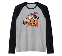 Vintage Cute Cat Zucca Halloween Spooky Stagione Amanti dei Gatti Maglia con Maniche Raglan