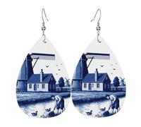 Vintage Delft Blue Style Dutch Windmill Landscape With Farmer & Ducks Donna Orecchino A Gancio Leggeri Orecchini Grandi Orecchini Pendenti Per Regalo Sera Fori Multipli
