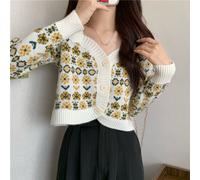 Vintage Donna Floreale Maglia Maglione Cardigan Corto Cappotto Casual Maglieria