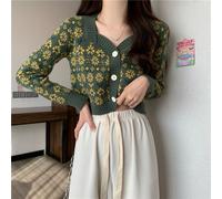 Vintage Donna Floreale Maglia Maglione Cardigan Corto Cappotto Casual Maglieria