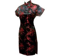 Vintage Drago e Phoenix Breve Qipao Donne Eleganti Cheongsam Collare Mandarino Sexy Mini Vestito Cinese Oversize, Nero 2, M
