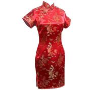 Vintage Drago e Phoenix Breve Qipao Elegante Donne Cheongsam Collare Mandarino Sexy Mini Vestito Cinese Oversize, Rosso 1, XXL