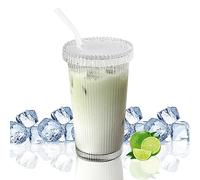 Vintage Drinking Glasses Ribbed Glassware, 375ML Glass Cups with Lids and Straws, Ribbed Vertical Striped Glass Coffee Mug, Wide Mouth Water Drinking Cups For Juice Milk Coffee (Straight pipette)