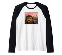 Vintage Fighter Pilot Cat Cool Looking Aviation Selfie Art Maglia con Maniche Raglan