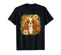 Vintage Flowers Red White Cavalier King Charles Spaniel Dog Maglietta