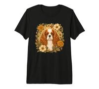 Vintage Flowers Red White Cavalier King Charles Spaniel Dog Maglietta Premium