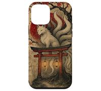 Vintage giapponese Kitsune Fox con fiori di ciliegio Woodblock Custodia per iPhone 12 mini