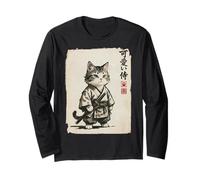 Vintage Giapponese Sumi-e Samurai Cool Looking Cat Art Maglia a Manica