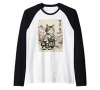 Vintage Giapponese Sumi-e Samurai Cool Looking Cat Art Maglia con Maniche Raglan