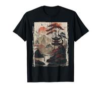 Vintage Giapponese Woodblock Tee Mountain Landscape Graphic Maglietta