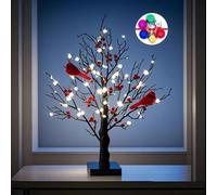 Vintage Glowing Tree With Bird And Berries,21 Inch/53.3cm Led Mini White Birch Tree With Berries,Lighted Birch Bonsai Table Top Centerpiece,For Halloween Christmas Table Decor Ornaments