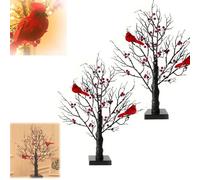 Vintage Glowing Tree with Cardinal, 21inch Cardinal Christmas Tree with Berries, Ornament Lighted Battery Powered for Home Table Centerpiece Mantel Decor Christmas Decorations Holiday Party (2pcs)