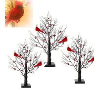 Vintage Glowing Tree with Cardinal, 21inch Cardinal Christmas Tree with Berries, Ornament Lighted Battery Powered for Home Table Centerpiece Mantel Decor Christmas Decorations Holiday Party (3pcs)