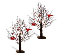Vintage Glowing Tree with Cardinal, Birch Bonsai Twinkle Trees Lamp with Lighted Branches & Berries for Halloween, Christmas, 21In Unique Lighted Tabletop Birch Ornament (2 Sets)