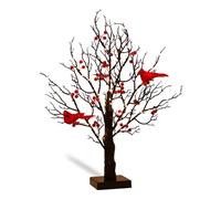 Vintage Glowing Tree with Cardinal, Birch Bonsai Twinkle Trees Lamp with Lighted Branches & Berries for Halloween, Christmas, 21In Unique Lighted Tabletop Birch Ornament (1 Set)