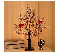 Vintage Glowing Tree with Cardinal, Winter Halloween Red Berry Tree Black Branches Tall Removable Cardinals Ornament, Lighted Birch Bonsai Table Top Centerpiece for Christmas Decorations