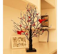 Vintage Glowing Tree with Cardinalss, mini white birch tree with berries, led vintage glowing trees, bonsai tree with led lights and cardinalss, for Halloween, Christma, Holiday Party (2pcs)