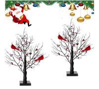 Vintage Glowing Tree with Red Birds,Mini LED Lighted Red Christmas Tree with Berries,Reds Bird Trees Fairy Light,Tabletop Holiday Decoration for Home Seasonal Display Gift (black 2pcs, 21 * 4in)