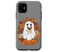 Vintage Halloween Ghost Holding Pug Groovy Floral Custodia per iPhone 11