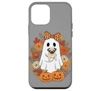 Vintage Halloween Ghost Holding Pug Groovy Floral Custodia per iPhone 12 mini