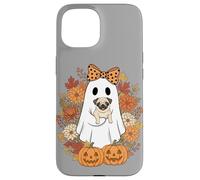 Vintage Halloween Ghost Holding Pug Groovy Floral Custodia per iPhone 15
