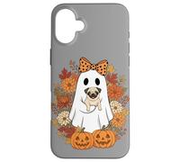 Vintage Halloween Ghost Holding Pug Groovy Floral Custodia per iPhone 16 Plus