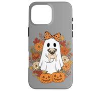Vintage Halloween Ghost Holding Pug Groovy Floral Custodia per iPhone 16 Pro Max