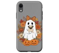 Vintage Halloween Ghost Holding Pug Groovy Floral Custodia per iPhone XR