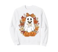 Vintage Halloween Ghost Holding Pug Groovy Floral Felpa