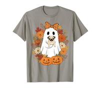 Vintage Halloween Ghost Holding Pug Groovy Floral Maglietta