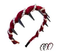 Vintage High Cranium Artificial Pearl Hairband, Elegant Braided Pearls Headbands with Teeth, Fashion Wide Beaded Bling Head Band, Elegant Pearl Headbands for Women (Red #1)