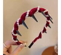 Vintage High Cranium Artificial Pearl Hairband, Elegant Pearl Headbands for Women and Girls, Bridal Hair Hoop Rhinestones Hair Accessories, Wide Beaded Bling Head Band for Wedding Party(Red)