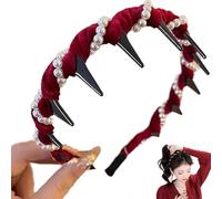 Vintage High Cranium Artificial Pearl Hairband, Elegant Pearl Headbands, Non Slip Wide Beaded Bling Headband, for Women and Girls (Red)