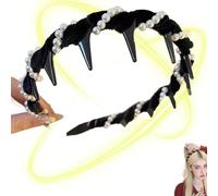 Vintage High Cranium Artificial Pearl Hairband, Vintage Pearl Headbands, Pretty Black Beaded Everyday Headband, Bridal Hair Hoops Rhinestones Hair Accessories, Hairs Bands with Teeth Hoop (Blcak, L)
