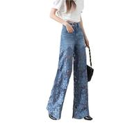 Vintage Hollow Out Lace Flowers Lady Jeans Loose Straight Denim Pants High Street Elegant Summer New Trousers Fashion Pant(M)