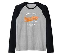 Vintage Houston Texas Space City - Testo Arancione Maglia con Maniche Raglan
