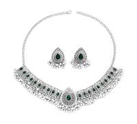 Vintage indiano gioielli set per le donne: argento antico ossidato Choker collana & orecchini, Boho regalo di nozze nuziale con cristalli, festa etnica indossare (Verde)