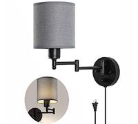 Vintage Interno Lampada da Parete con Interruttore e Spina Applique da Parete Orientabile a Braccio Lungo Retro E27 Nero Salotto Camera da letto Lettura Luce da Parete Paralume in Tessuto (1 Pezzi)