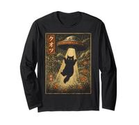 Vintage Japanese Cat UFO Abduction Ukiyo-e Alien Cat Maglia a Manica