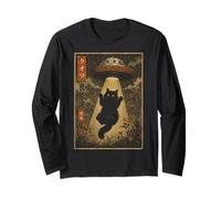 Vintage Japanese Cat UFO Abduction Ukiyo-e Alien Cat Maglia a Manica